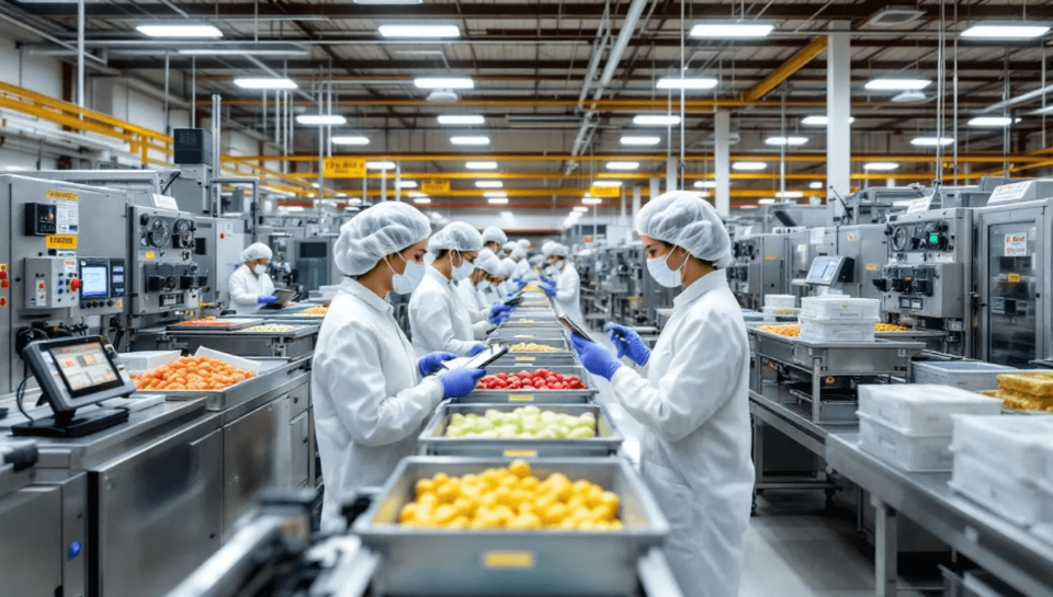 The-image-depicts-a-modern-food-processing-facility-where-workers-are-actively-using-digital-tablets-and-barcode-scanners